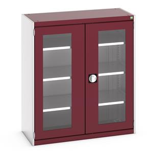 40013061.** Bott Cubio Window Door Cupboard with lockable doors and clear perspex windows. External dimensions are 1050mm wide x 525mm deep x 1200mm high and the cupboard is supplied with 3 x 100kg capacity shelves....